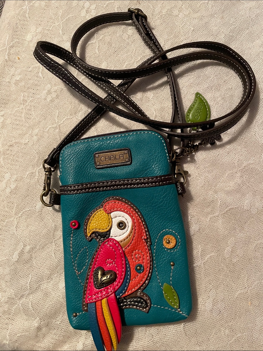 Chala Teal Crossbody Phone Pouch with Colorful Parrot Applique - Picture 5 of 6